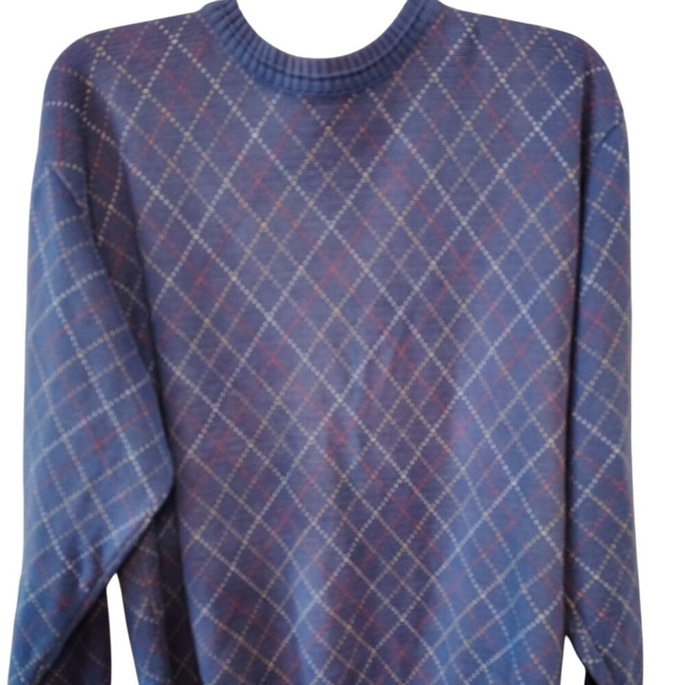 Tricots St. Raphael Large Mens Sweater 100% Cotton Periwinkle Blue Diamond Print